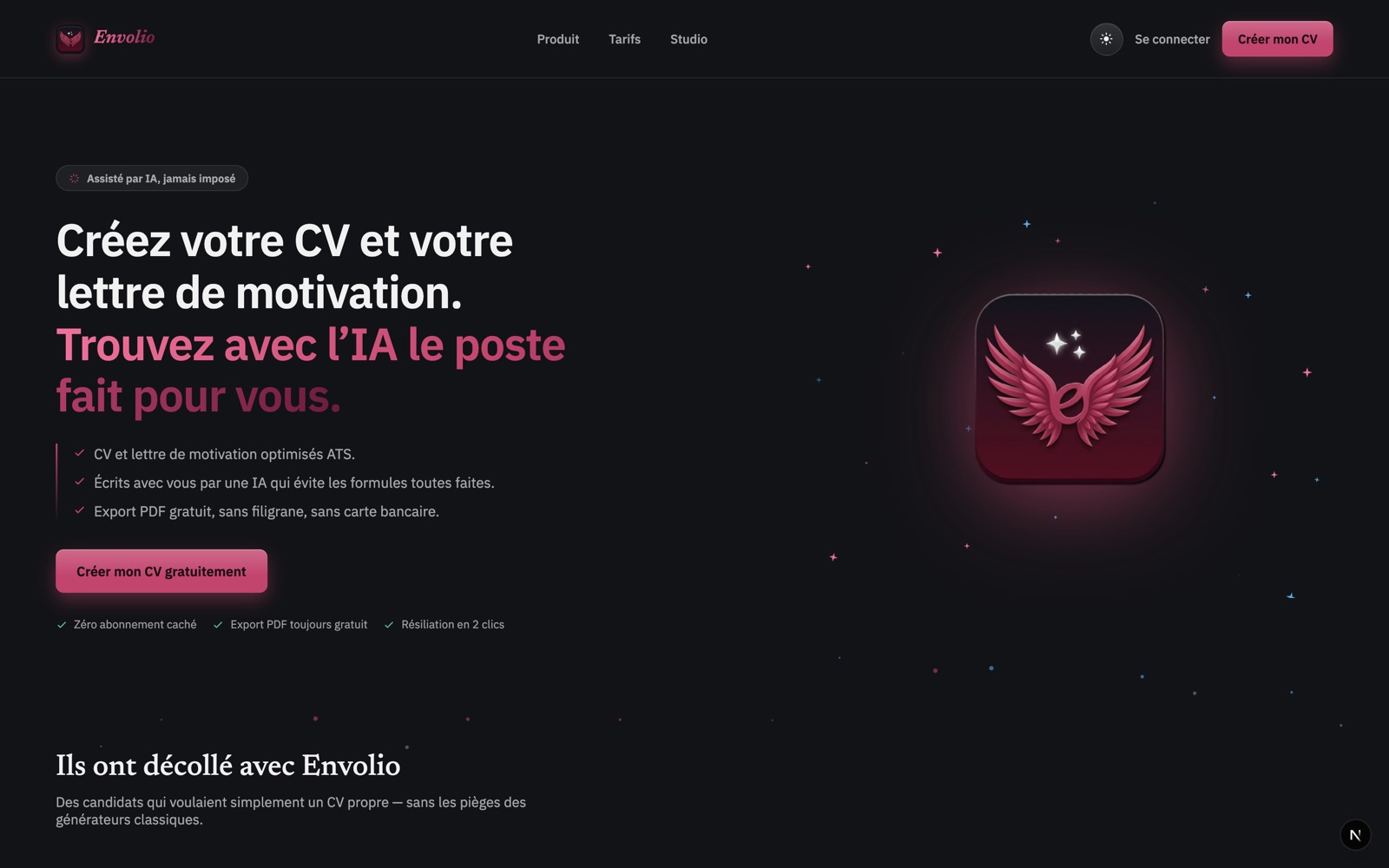 La page d'accueil d'Envolio.