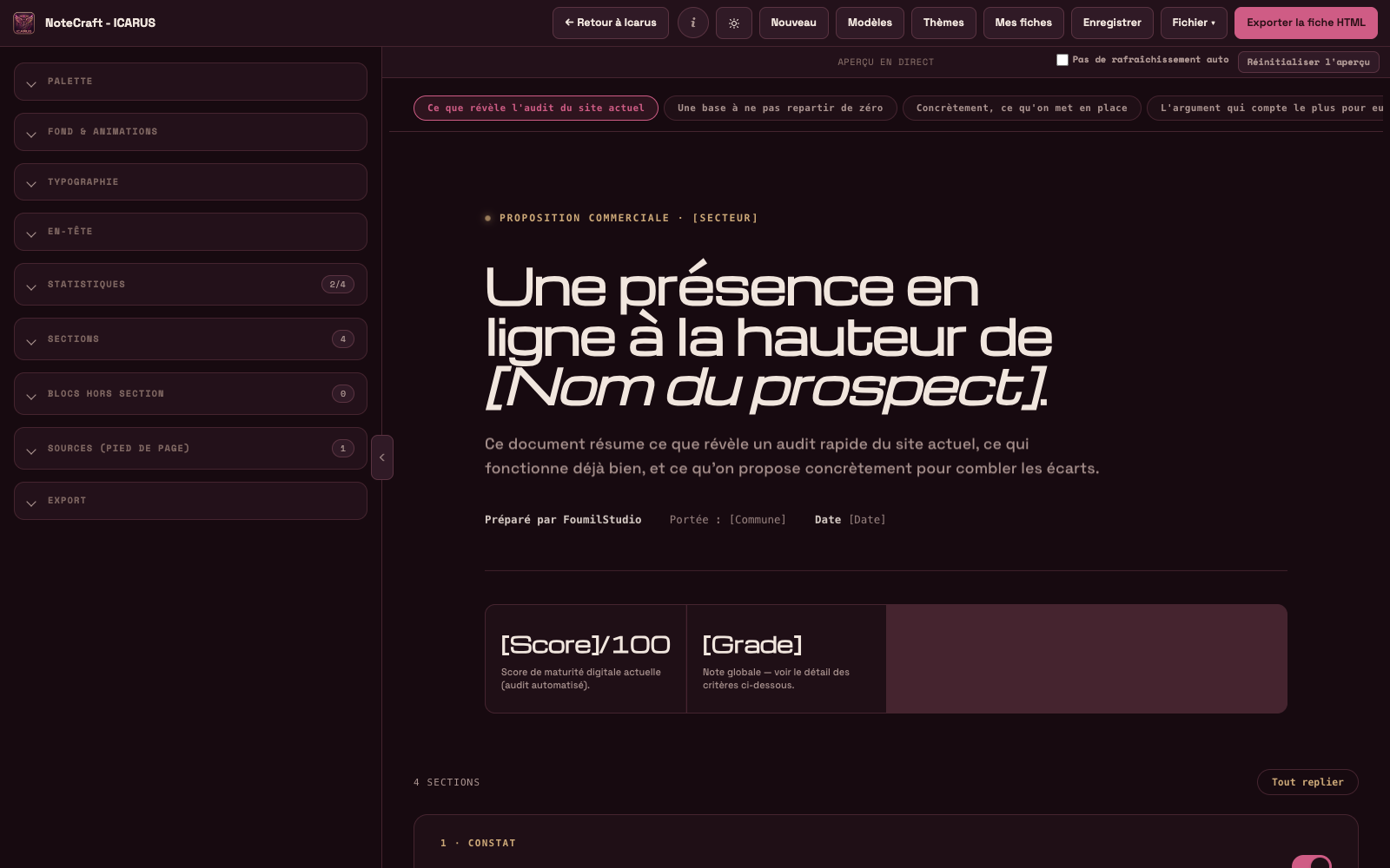 L’éditeur NoteCraft — édition et aperçu en direct, deux colonnes.