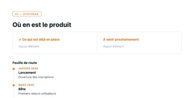 PDF Recap Tool — timeline, citation et checklist. Timeline, citation et checklist — blocs de contenu réutilisables, rendu réel.