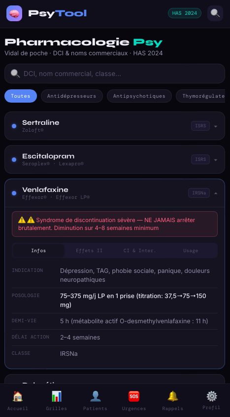 Fiche pharmacologie — posologie, délai d’action et alerte de syndrome de discontinuation
