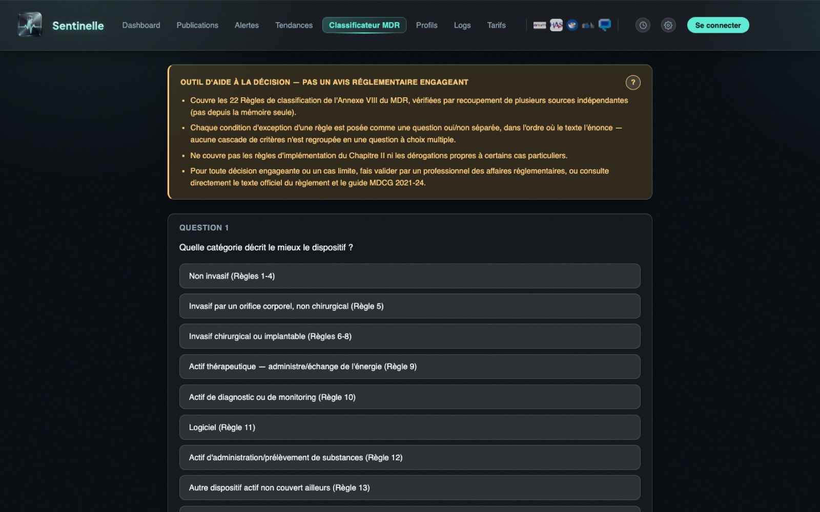 Le classificateur MDR — 22 règles de l'Annexe VIII, question par question.