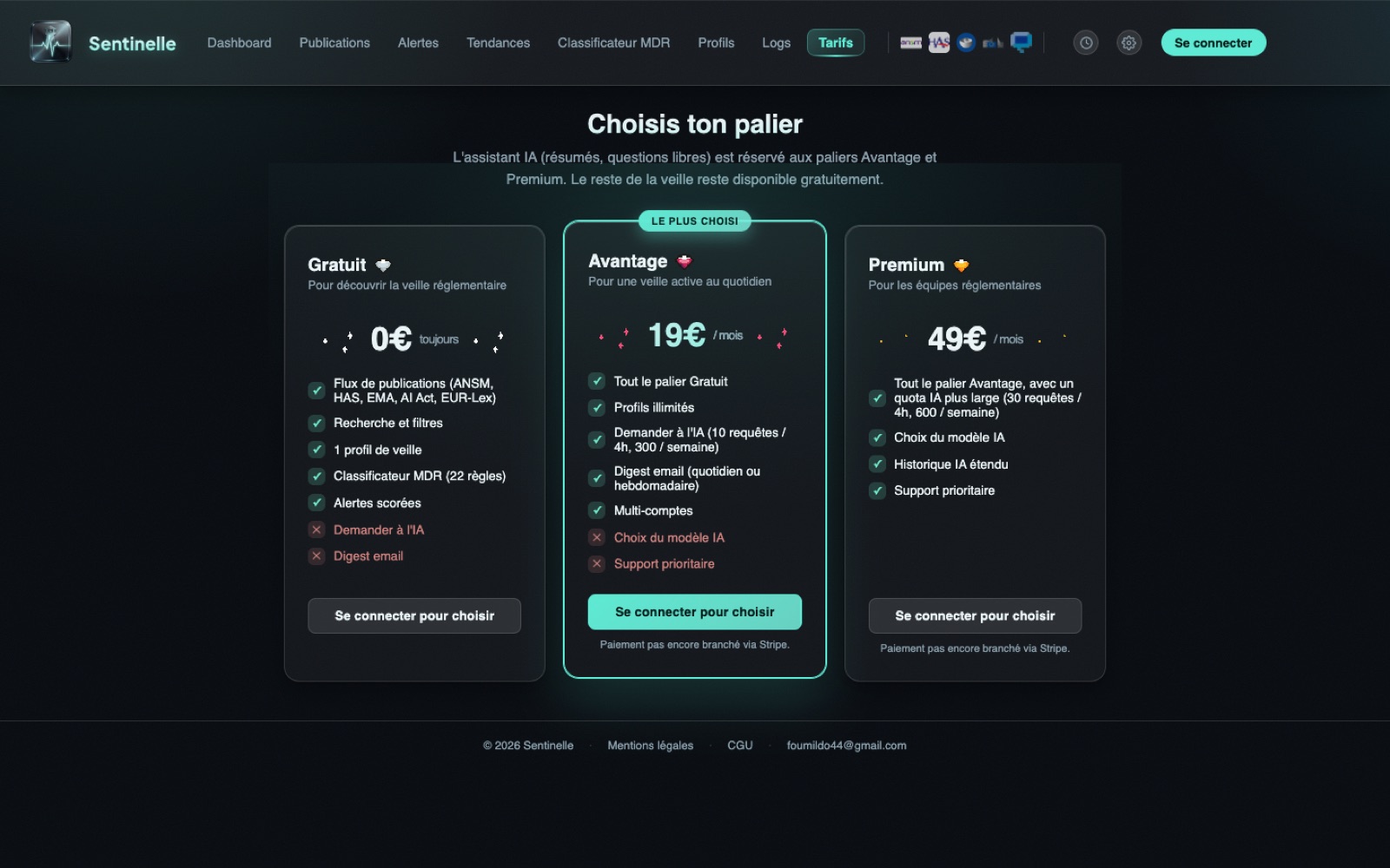 Les paliers d'abonnement — Gratuit, Avantage, Premium.